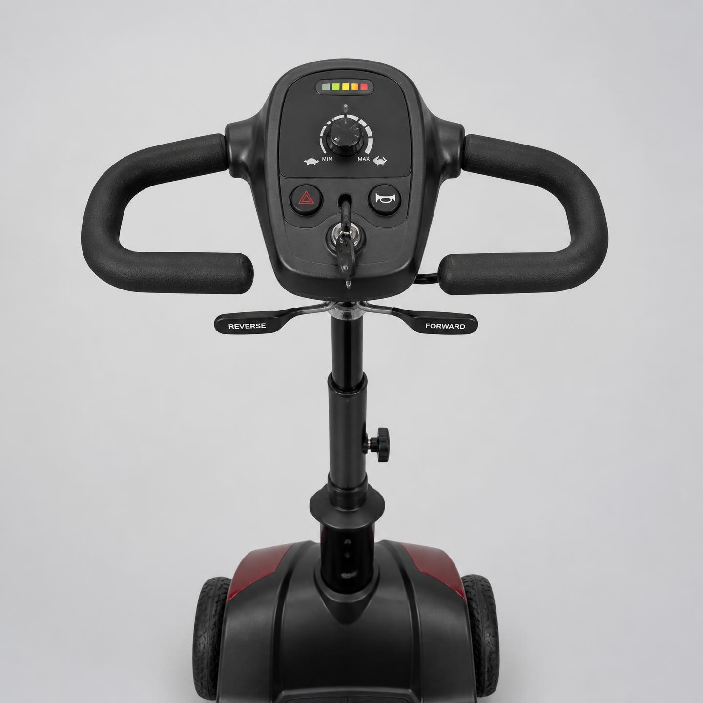 Close-up of the labeled scooter control panel with speed dial, horn and headlight